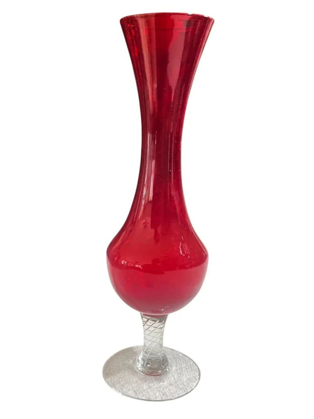 Vintage 1960s Empoli Slim Red Blown Glass Posey Vase Clear Textured Stem WOW